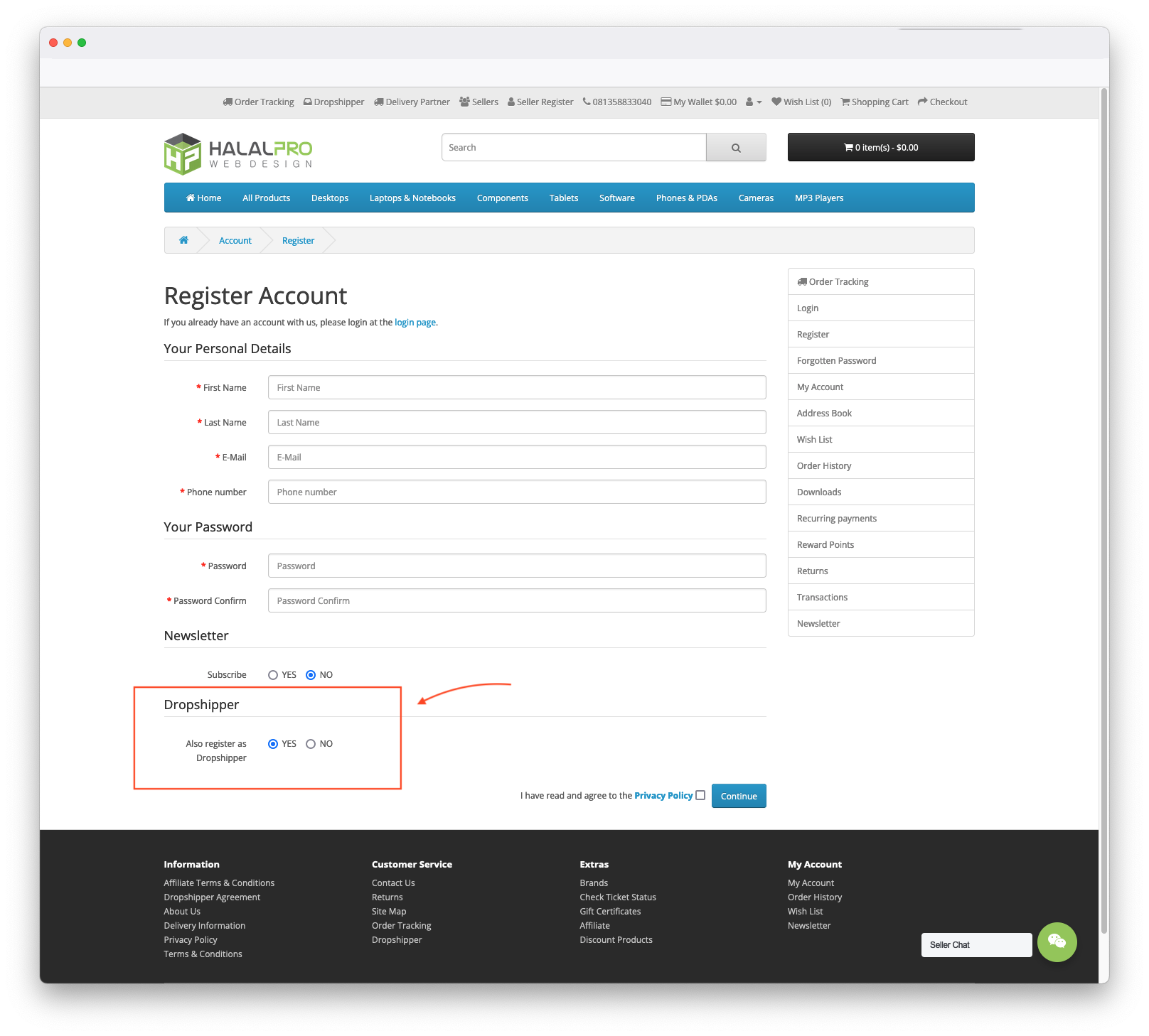 dropshipper registration on the front page opencart